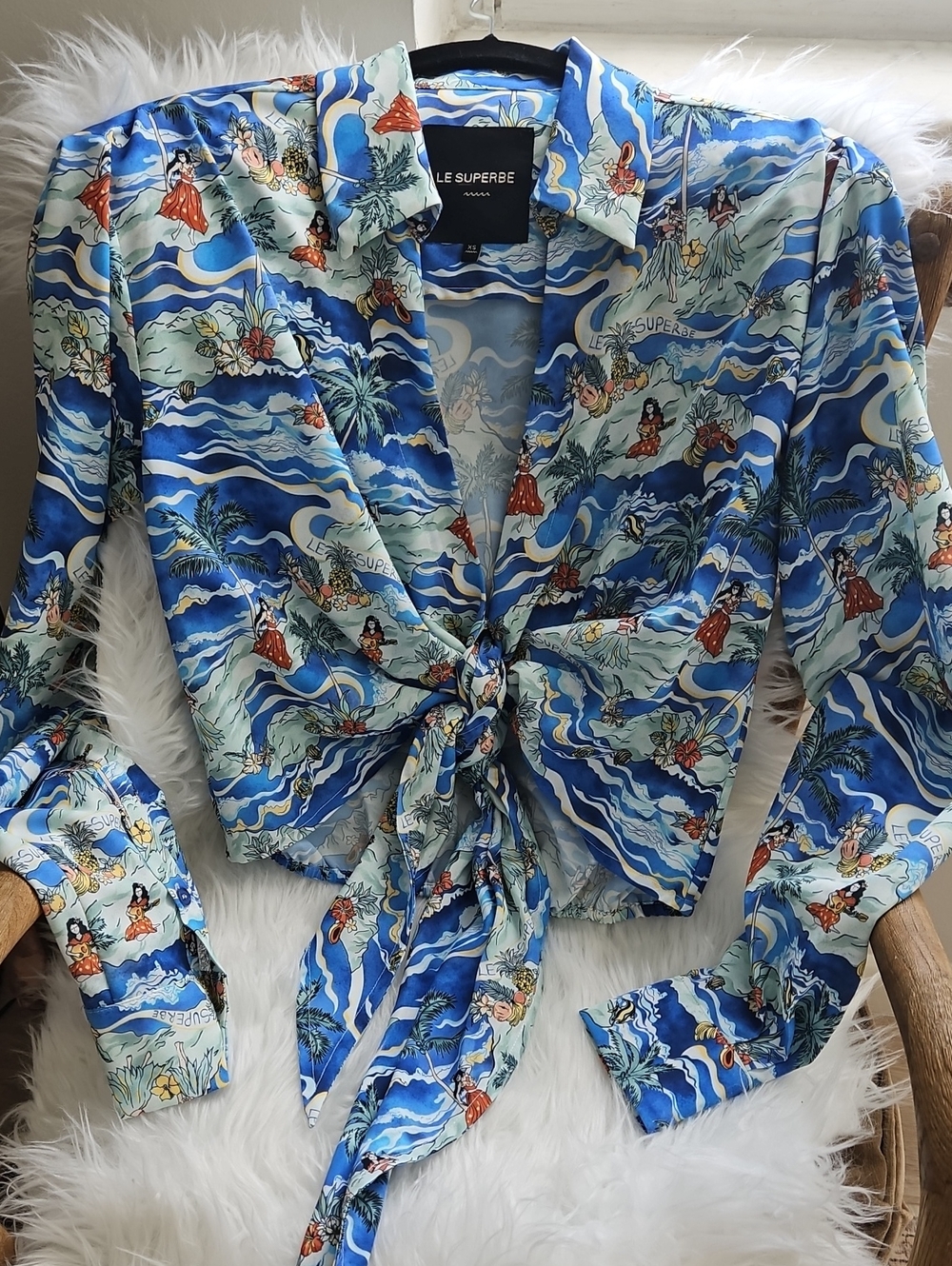 Orig $385 - Le Superbe Blue Printed Tie-Front Women's Shirt XS